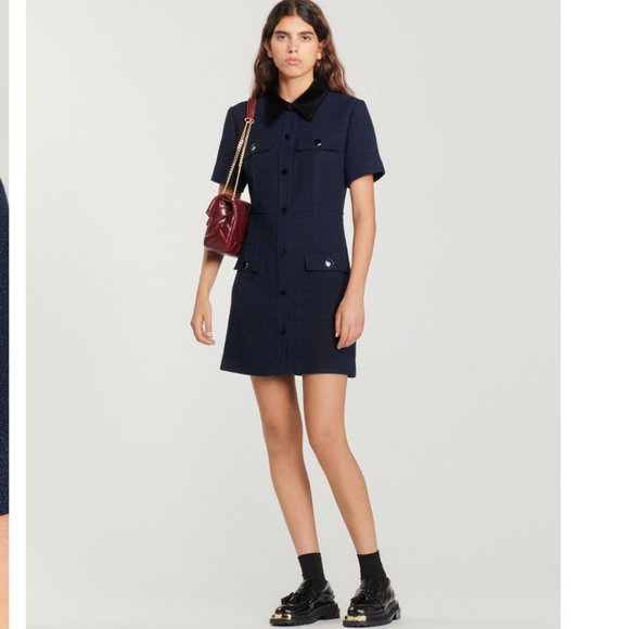 Sandro Italie Short Navy Blue Tweed Dress With Velvet Collar - Picture 4 of 8